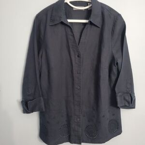 Kate Hill Woman's Plus 100% Linen Button Up Top Black 3/4 Sleeve Eyelet Hem 14W